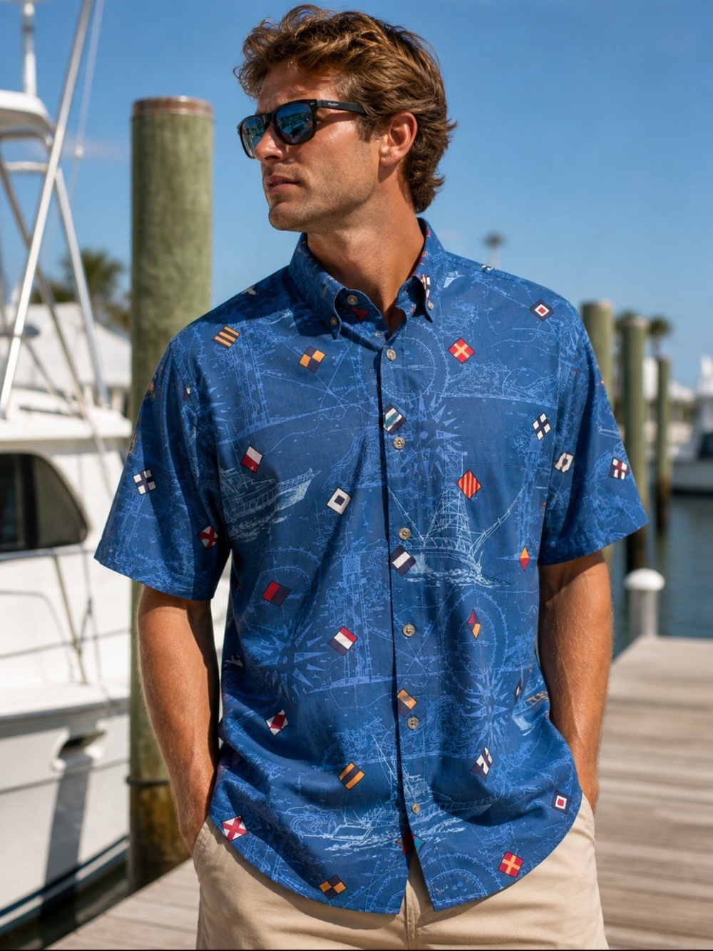 AFTCO Bluewater Fishing Shirt Mens M Nautical Map Boat Print